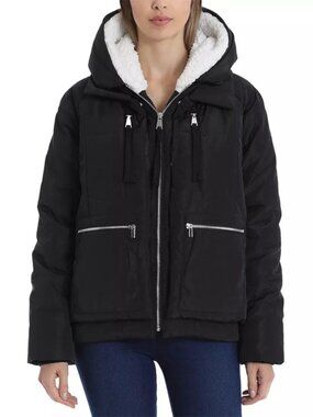 Bagatelle Zippered Pocketed Utility Faux Fur Water Resistant Jacket, Size Medium